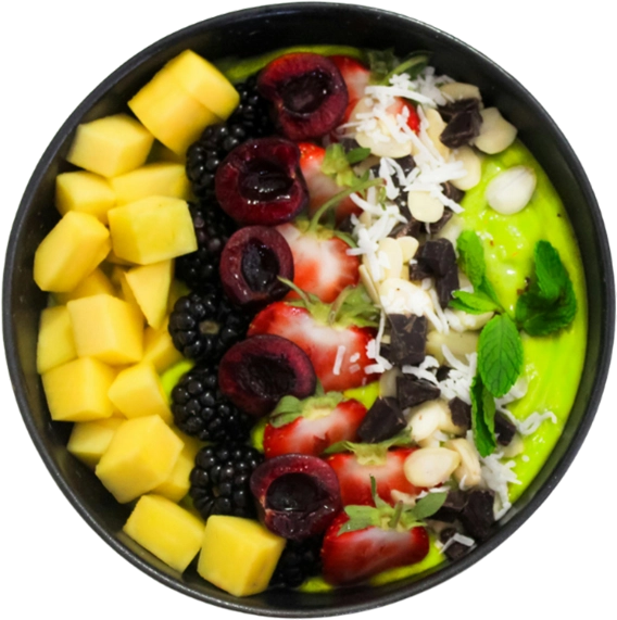 A bowl of fruit and other food is shown.